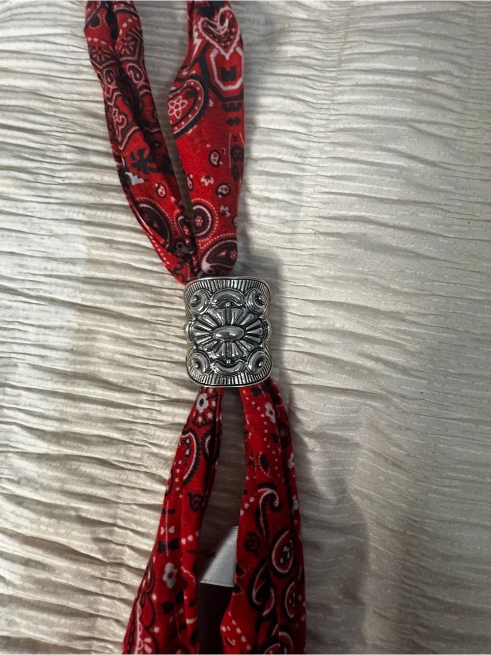 Sunday State Red Bandana Scarf Ring Accessory - With Silver Accent